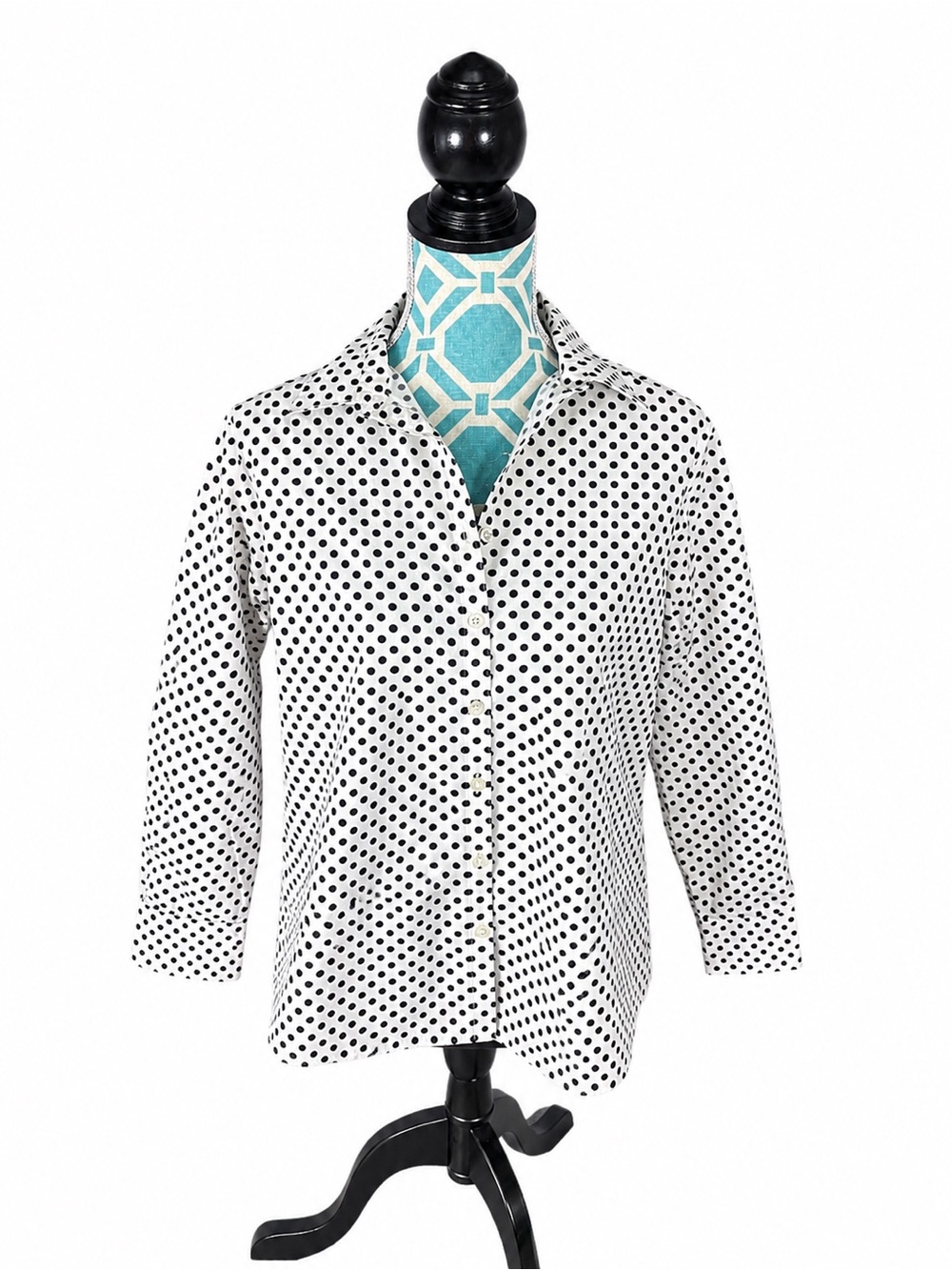 Lands’ End No Iron Supima Cotton Polka Dot Shirt Womens 14P White Black
